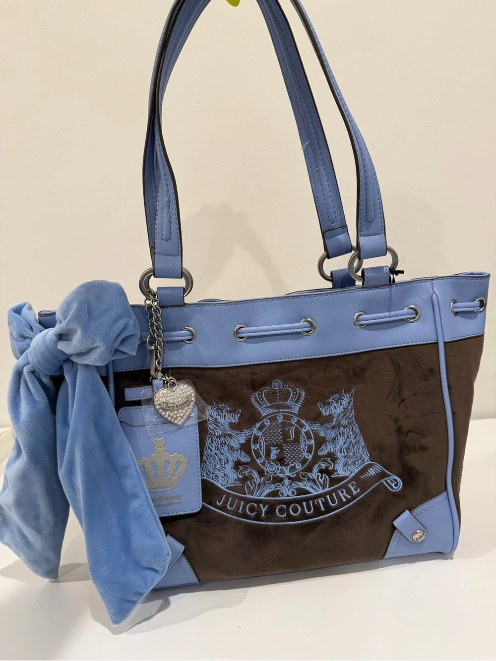 Juicy Couture Blue and Brown Crest Tote with Bow Accent